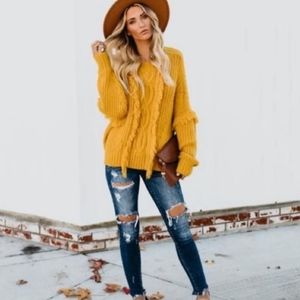 Fate Fontaine Fringe Cable Knit Sweater in Mustard Yellow